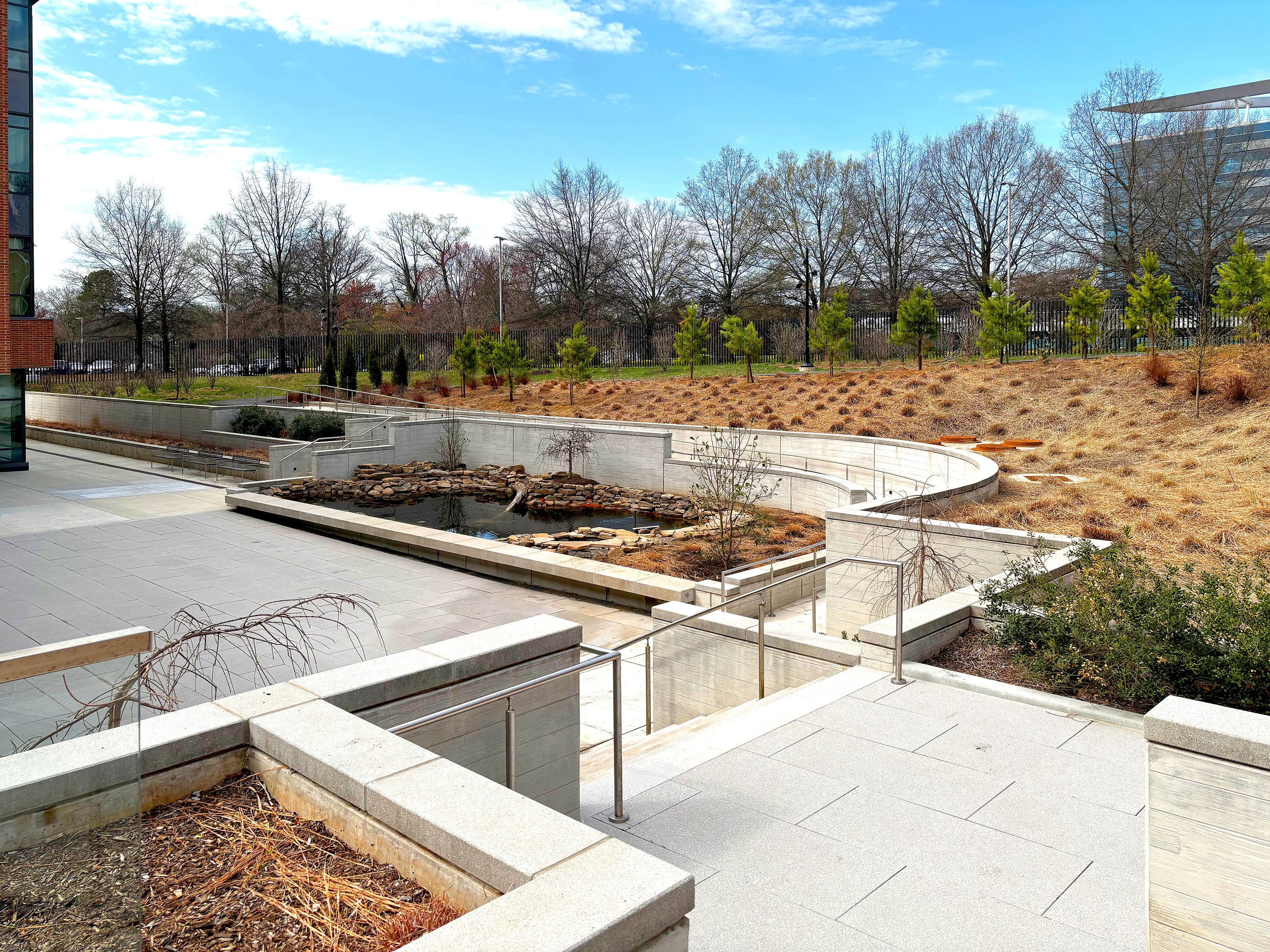 The pond viewed from the stairs leading down into courtyard by the Pond.