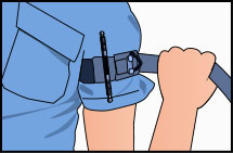Man with tourniquet on upper arm with a hand tightening the tourniquet