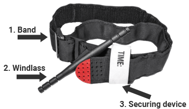 Tourniquet with labeled arrows pointing to the band, the windlass, and the securing device